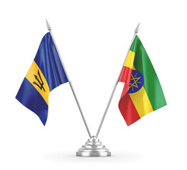 Ethiopia and Barbados table flags isolated on white 3D rendering 