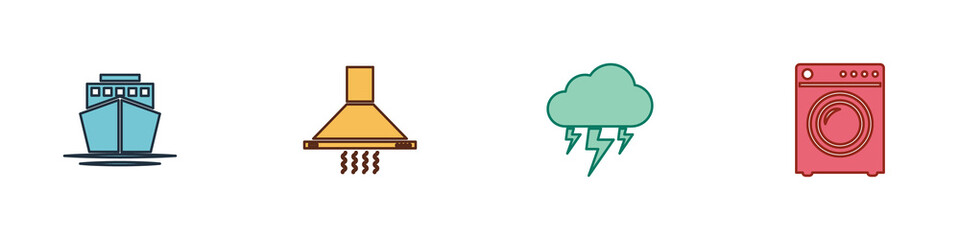 Set Ship, Kitchen extractor fan, Storm and Washer icon. Vector.