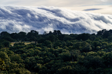Landscape clouds and thick fog coming down the mountain towards the ground in winter.
