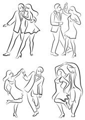 Collection. Beautiful young couple. The girl and the guy are dancing. Creative art. Graphic image. Vector illustration set.