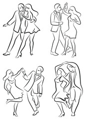 Collection. Beautiful young couple. The girl and the guy are dancing. Creative art. Graphic image. Vector illustration set.