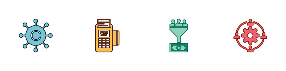 Set Copywriting network, POS terminal, Lead management and Outsourcing concept icon. Vector.