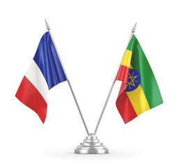 Ethiopia and France table flags isolated on white 3D rendering