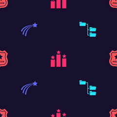 Set Folder tree, Falling star, Ranking and Police badge on seamless pattern. Vector.