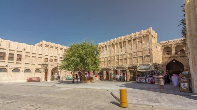 Souq Waqif timelapse hyperlapse. It is popular marketplace in Doha, Qatar. The souq is noted for selling traditional garments, spices, handicrafts, and souvenirs.