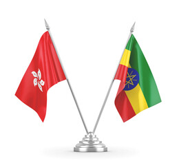 Ethiopia and Hong Kong table flags isolated on white 3D rendering