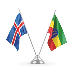 Ethiopia and Iceland table flags isolated on white 3D rendering