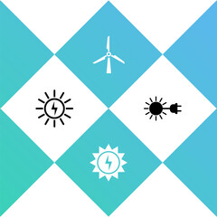 Set Solar energy panel, , Wind turbine and Sun with electric plug icon. Vector.