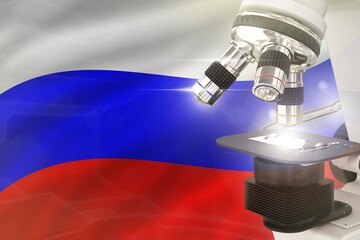 Russia science development concept - microscope on flag background. Research in clinical medicine or vaccine 3D illustration of object