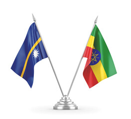 Ethiopia and Nauru table flags isolated on white 3D rendering