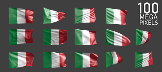 Italy flag isolated - various images of the waving flag on grey background - object 3D illustration