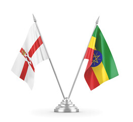 Ethiopia and Northern Ireland table flags isolated on white 3D rendering