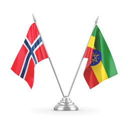 Ethiopia and Norway table flags isolated on white 3D rendering