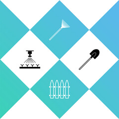 Set Automatic irrigation sprinklers, Garden fence, rake for leaves and shovel icon. Vector.