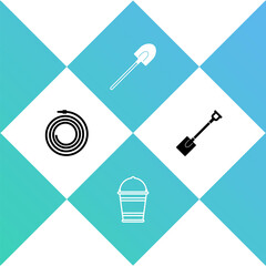 Set Garden hose or fire hose, Bucket, shovel and icon. Vector.