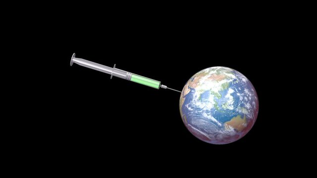 Syringe Vaccine Cure Covid 19 Coronavirus Injecting World Planet Black Background Animation 3d