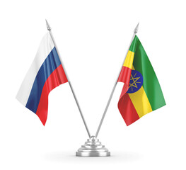 Ethiopia and Russia table flags isolated on white 3D rendering