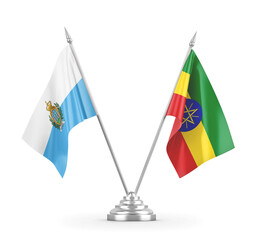 Ethiopia and San Marino table flags isolated on white 3D rendering