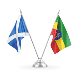Ethiopia and Scotland table flags isolated on white 3D rendering