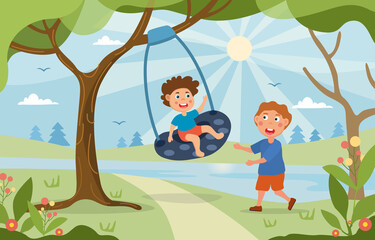 Obraz na płótnie Canvas Young children playing on a swing hanging from the branch of a tree in the park or garden on a hot sunny summer day, colored cartoon vector illustration