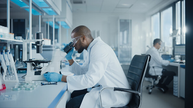 Medical Development Laboratory: Portrait of Black Male Scientist Looking Under Microscope, Analyzing Petri Dish Sample. Professionals Doing Research in Advanced Scientific Lab. Side View Shot