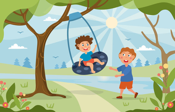 Young children playing on a swing hanging from the branch of a tree in the park or garden on a hot sunny summer day, colored cartoon vector illustration
