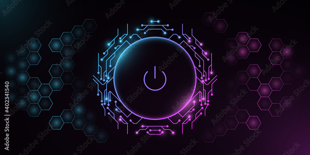 Poster futuristic power button with computer circuit board on a background with a pattern of hexagons. hud 
