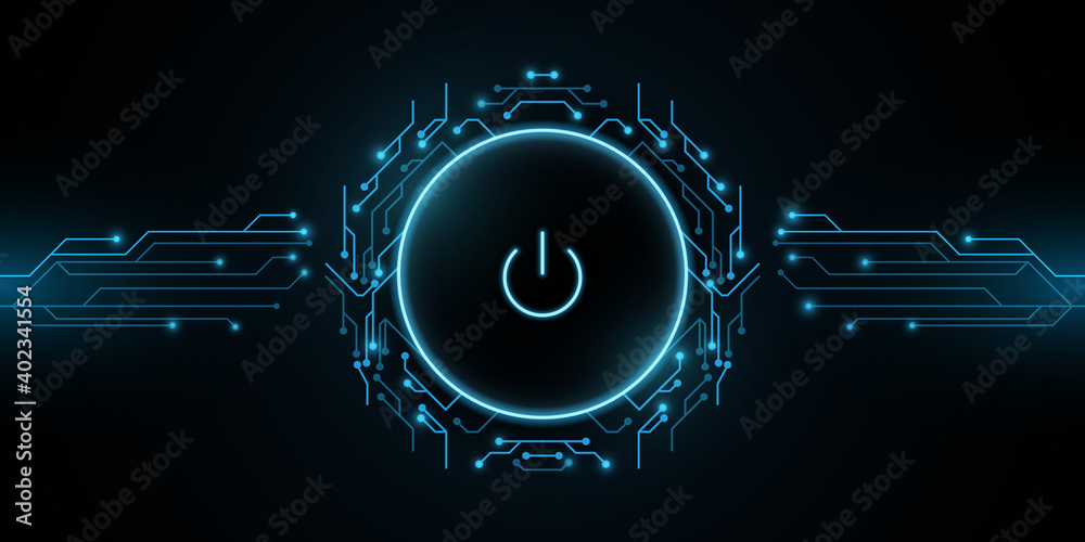 Poster futuristic power button with computer circuit board. hud interface elements. ui concept. cyber lumin
