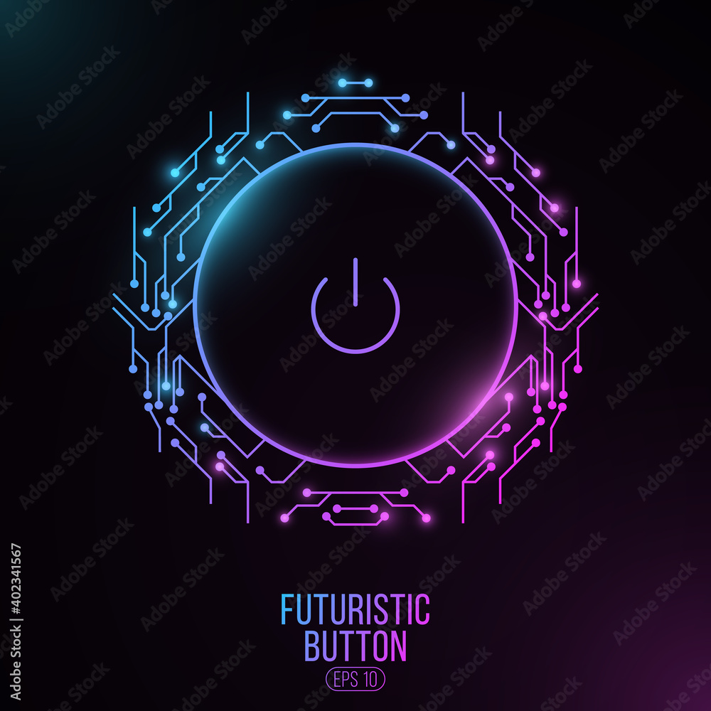 Poster futuristic power button with computer circuit board. hud interface elements. ui concept. cyber purpl