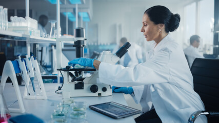 Medical Development Laboratory: Portrait of Beautiful Caucasian Female Scientist Using Microscope, Analyzes Petri Dish Sample. People do Medicine, Biotechnology Research in Advanced Lab