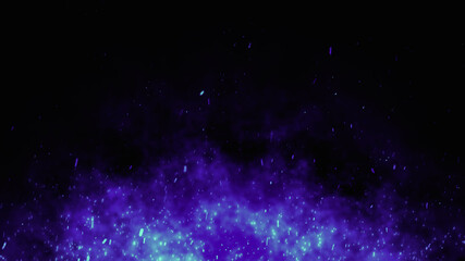 Blue Fire embers particles over black background. Fire sparks background. Abstract dark glitter...
