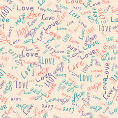 In words LOVE. Seamless pattern for wrapping paper, fabric, print, promotion, cover, poster, invitation, greeting card, Valentine's Day, Women's Day. Vector
