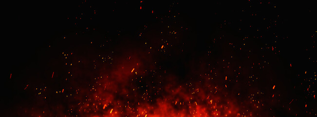 Fototapeta Fire embers particles over black background. Fire sparks background. Abstract dark glitter fire particles lights. obraz