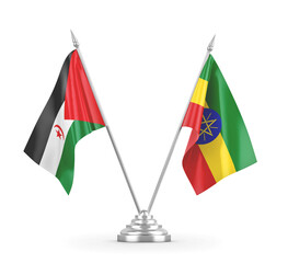 Ethiopia and Western Sahara table flags isolated on white 3D rendering