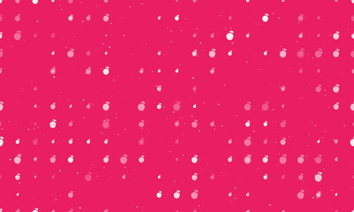 Seamless background pattern of evenly spaced white apple symbols of different sizes and opacity. Vector illustration on pink background with stars