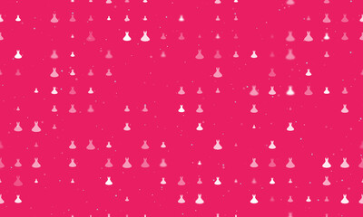 Seamless background pattern of evenly spaced white flared dress symbols of different sizes and opacity. Vector illustration on pink background with stars