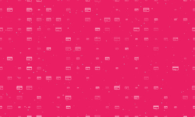 Seamless background pattern of evenly spaced white credit card symbols of different sizes and opacity. Vector illustration on pink background with stars