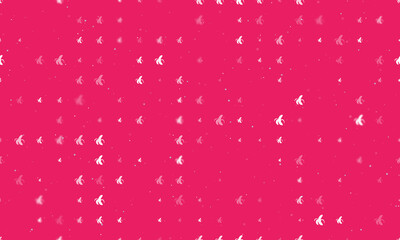 Seamless background pattern of evenly spaced white peeled banana symbols of different sizes and opacity. Vector illustration on pink background with stars