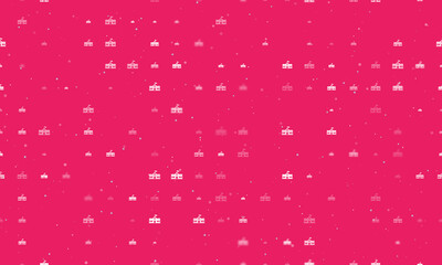 Seamless background pattern of evenly spaced white school building symbols of different sizes and opacity. Vector illustration on pink background with stars