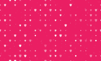 Seamless background pattern of evenly spaced white shield symbols of different sizes and opacity. Vector illustration on pink background with stars