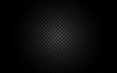 Perforated metal texture. Industrial backdrop with cells. Black metal for poster, banner or web. Dark steel sheet with shadow and light. Vector illustration