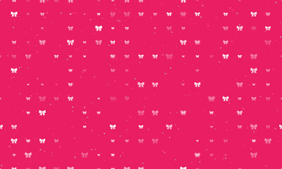 Seamless background pattern of evenly spaced white bow symbols of different sizes and opacity. Vector illustration on pink background with stars
