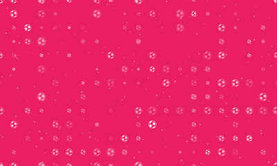 Seamless background pattern of evenly spaced white football symbols of different sizes and opacity. Vector illustration on pink background with stars