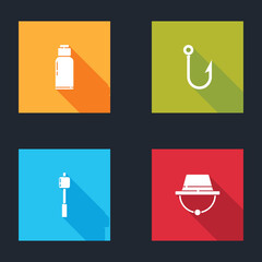 Set Canteen water bottle, Fishing hook, Marshmallow on stick and Camping hat icon. Vector.