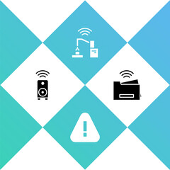 Set Smart stereo speaker, Exclamation mark in triangle, Robotic robot arm hand factory and printer icon. Vector.