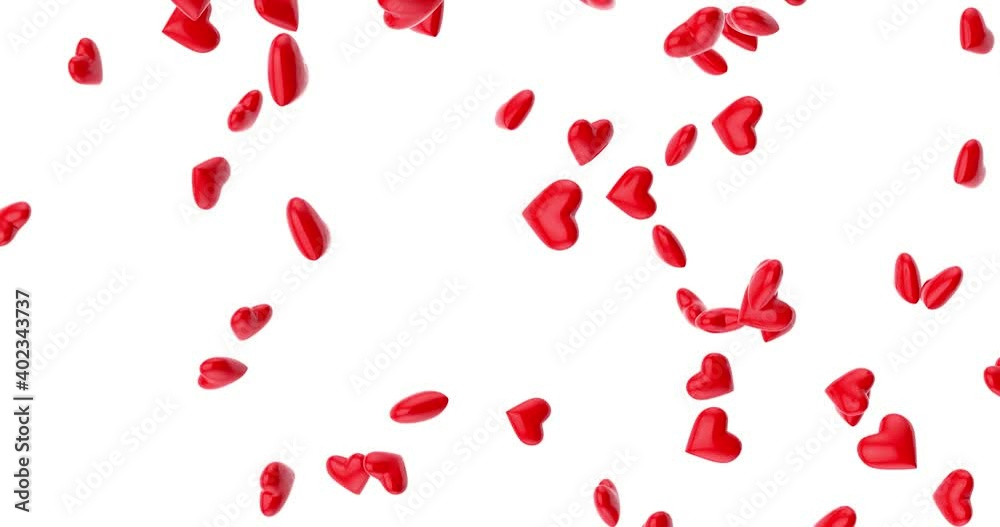 Poster 4k resolution video: love symbol. red hearts fall on a white background with alpha matte