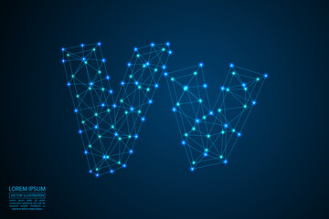 English letters abstract font consists 3d of triangles, lines, dots and connections. On a dark blue background cosmic universe stars, meteorites, galaxies. Vector illustration EPS 10.