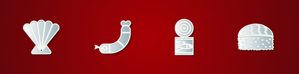 Set Scallop sea shell, Shrimp, Canned fish and Sushi icon. Vector.