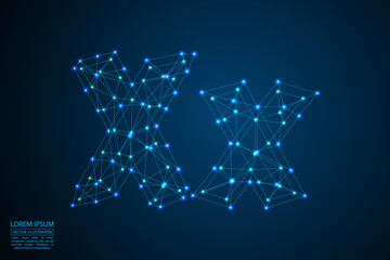 English letters abstract font consists 3d of triangles, lines, dots and connections. On a dark blue background cosmic universe stars, meteorites, galaxies. Vector illustration EPS 10.