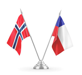 Chile and Norway table flags isolated on white 3D rendering